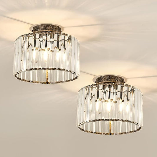 CVKASH 2 Pack Bronze Crystal Semi Flush Mount Ceiling Light Vintage Mini Ceiling Light Fixture Metal Close to Ceiling Lamp for Hallway Kitchen Living Room Bathroom Entryway Bedroom Closet