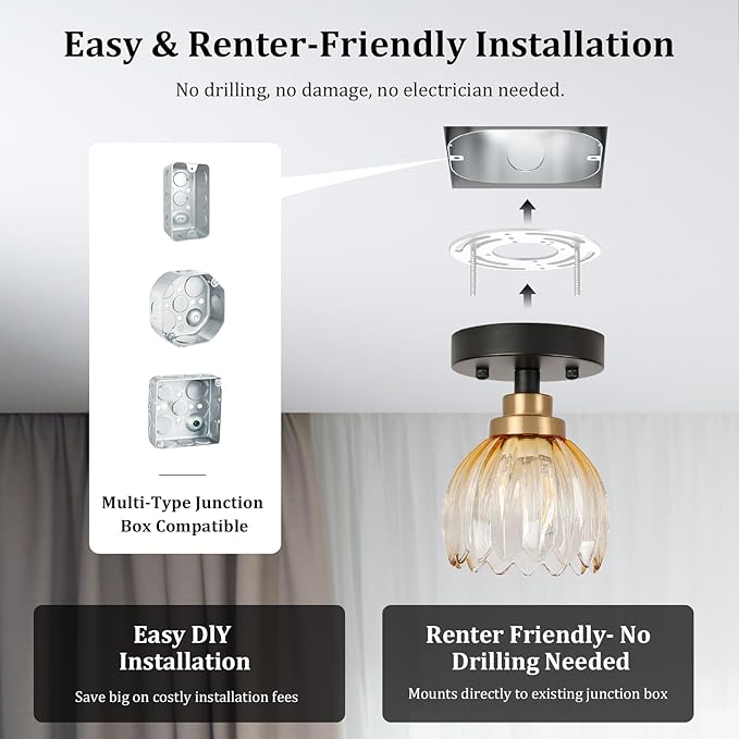 TALOYA Semi Flush Mount Ceiling Light,2 Pack Close to Ceiling Light Fixtures with Amber Tulip Glass Shades Modern Farmhouse Lighting Fixtures for Hallway Corridor Kitchen Bathroom Bedroom Passway