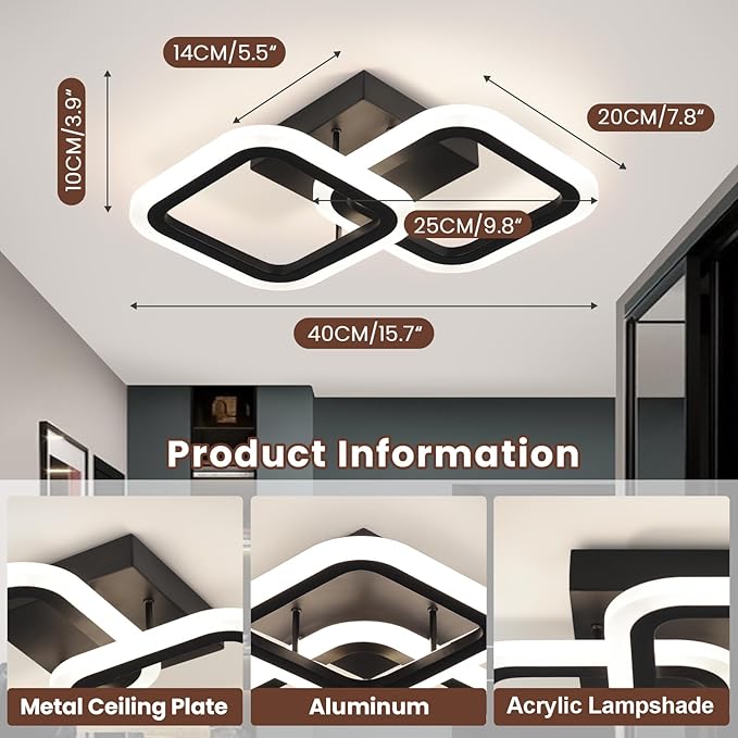 CANEOE Black Led Ceiling Light,4500K Daylight White Modern Hallway Light Fixtures, Acrylic Indoor LED Ceiling Light Fixtures for Hallway Bathroom Kicthen Balcony Closet