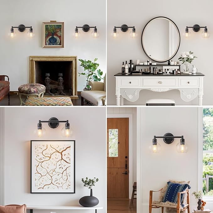 Bathroom Light Fixtures,2-Light Modern Bathroom Vanity Light,Black Wall Sconce with Clear Glass Globe Shades,Wall Lights Over Mirror for Kitchen,Bedroom,Hallway,Living Room