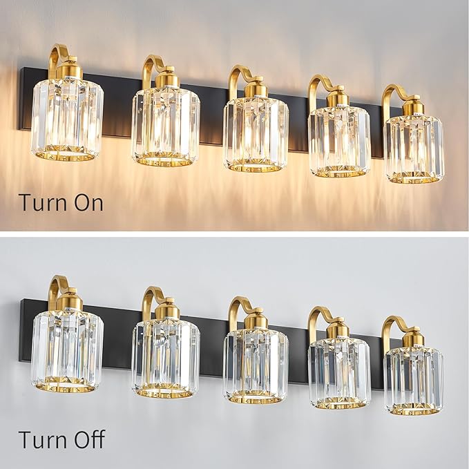Black Gold Crystal Vanity Light Over Mirror 5 Lights Bathroom Wall Lighting Fixture with Round Shade (Exclude Bulb)