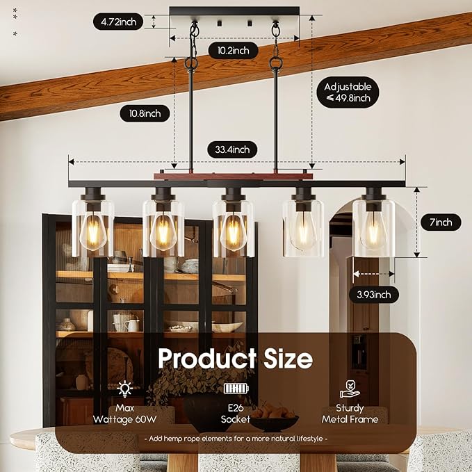 5-Light Kitchen Island Light, 33.4" Island Lighting with Black Metal & Wood, Dining Room Light Fixture for Kitchen Island, Adjustable Height (Bulbs Not Included)