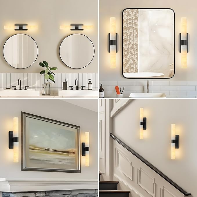 23" Matte Black Brass Wall Sconce with Marble Shade - Bathroom Vanity Light, Makeup Vanity Lamp & Over-Mirror Lighting, Vintage Rust-Resistant E26 Indoor Fixture