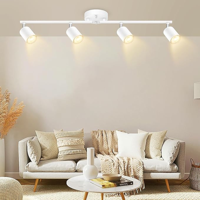White Track Lighting Ceiling Fixture, Kitchen Light Fixtures, 30" 4-Light Rotatable LED Track Lights, Semi Flush Wall Sconces Lighting for Dining Room/Hallway/Office(GU10 Socket, Bulb Not Included)