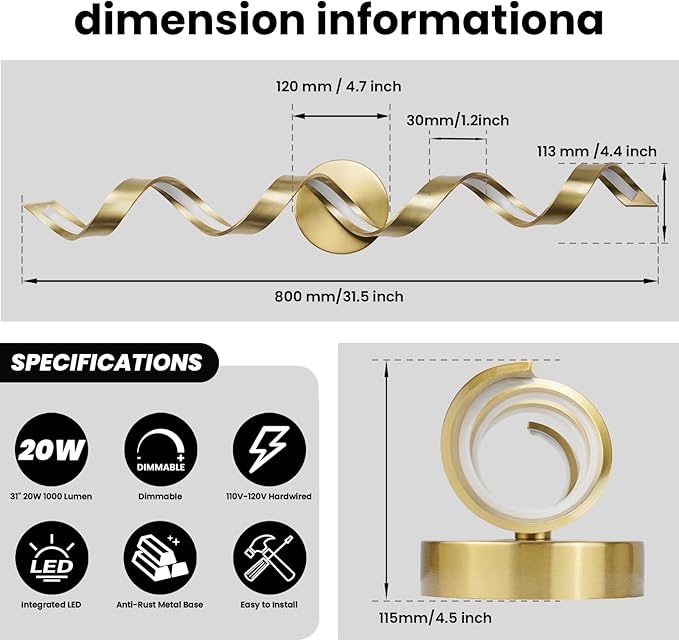 LED Modern Bathroom Vanity Light Fixtures, 31 inch Gold Wall Lamp Bedroom 4000K, Spiral Design Wall Sconce for Mirror, Living Room, Bedroom, Hallway 20W