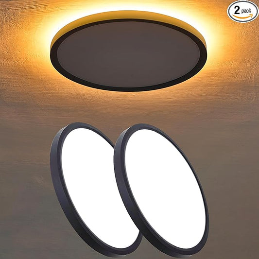 2Pack 12 Inch 2400LM LED Flush Mount Ceiling Light with Night Light, 24W Dimmable & 3000K/4000K/5000K 3CCT Selectable, Slim Round Light Fixtures for Bedroom, Black