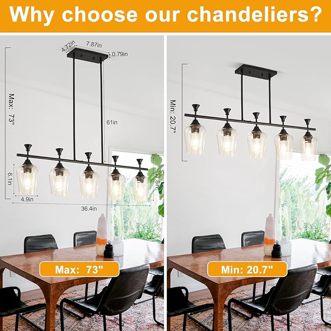 37" Dining Room Light Fixture/Chandelier Over Table, 5-Light Matte Black Kitchen Island Lighting with Clear Glass Shade, Modern Hanging Pendant Lights Fixture for Kitchen Island, Dining Room, Bar