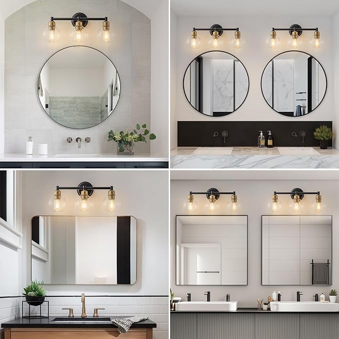 Bathroom Light Fixtures,3-Light Modern Bathroom Vanity Light,Black and Gold Wall Sconce with Clear Glass Globe Shades,Adjustable Brightness Wall Lights for Kitchen,Bedroom,Hallway,Living Room