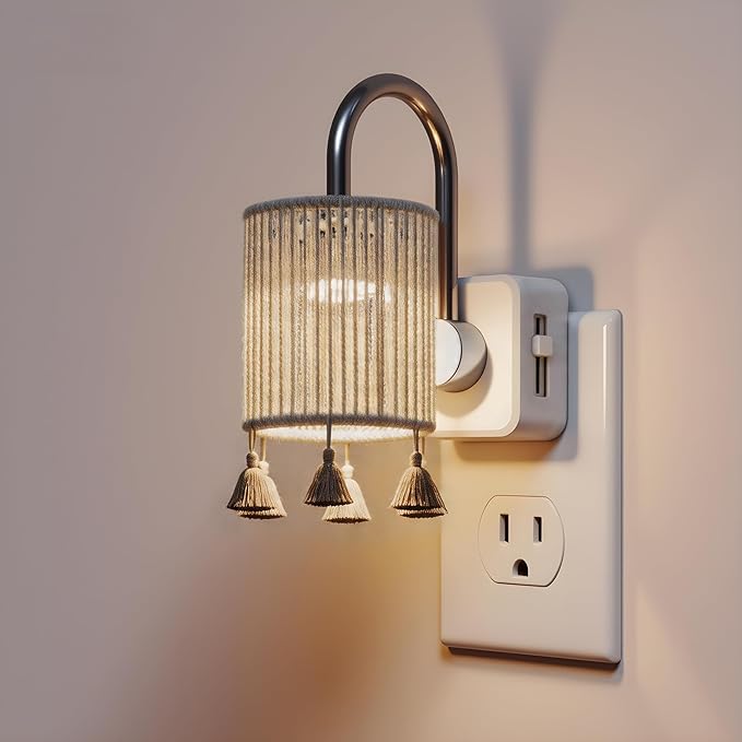 L LOHAS LED Night Lights Plug into Wall, Boho Fabric Cylinder Night Light with Tassel, 0-100LM Dimmable Night Lights, Dusk to Dawn Sensor, Vintage Nightlight for Bedroom, Living Room, Hallway