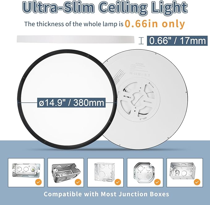 14.9 Inch 2PK LED Flush Mount Ceiling Light, ETL ,32W, 3343LM, 3000K/3500K/4000K/5000K/6500K CCT Selectable, 0.66in Ultra Thin Round Flat Panel Ceiling Light Fixture for Bedroom, Kitchen, (Black)