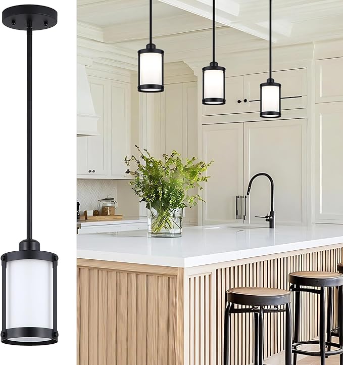 Black Milk Glass Pendant Light Kitchen Island,Modern Art Deco Chandelier Mini Pendant Lighting,Farmhouse Hanging Light Fixtures Over Sink for Dining Room
