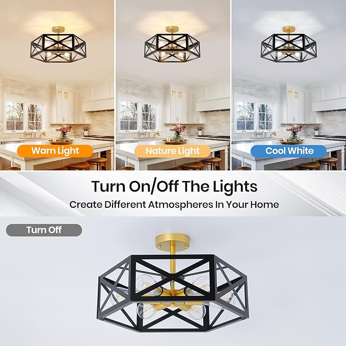 6-Light Semi Flush Mount Ceiling Light Fixture, 19.7" Gold Black Hallway Light Fixtures Ceiling Mount, Modern Close to Ceiling Lighting for Living Room Bedroom Dining Room Kitchen Entry Foyer