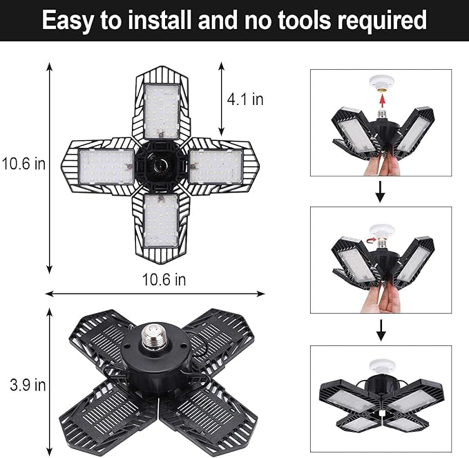 4Pack LED Garage Lights, 100W Deformable LED Lighting 10000LM E26 Daylight 6000K Super Bright Adjustable Lights for Warehouse