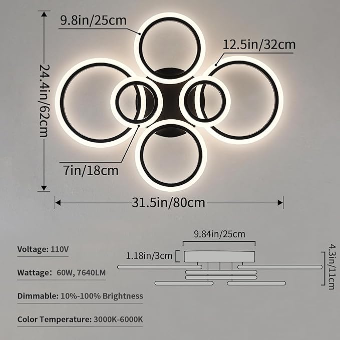 Shine LUEST 6 Rings Black Modern LED Ceiling Light Fixture, Flush Mount Ceiling Light with Remote Dimmable Brightness, Adjustable 3000-6000K Color Temperature, Timer for Living Room, Bedroom