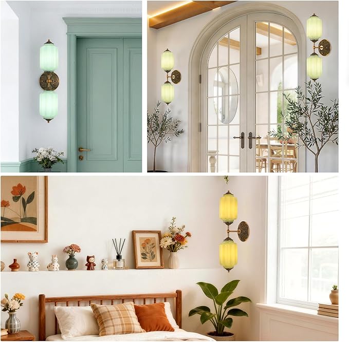LOUSACE 2-Light Vintage Milk Glass Bathroom Vanity Light with Brass Finish Base & Green Glass Shade - Indoor Wall Sconce Lighting for Mirror, Bathroom, Living Room, Gallery (Bulbs Included)