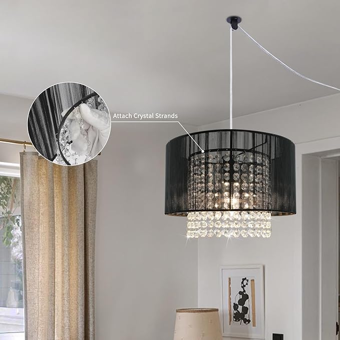 TISLYCO Plug in Chandelier, Crystal Chandelier Lighting with Long Cord 15ft and On/Off Switch, Hanging Pendant Light Plug in, Hanging Lamps That Plug into Wall Outlet for Bedroom Living Room