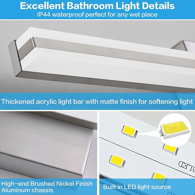 SOLFART Bathroom Vanity Lights Over Mirror 48 Inch Dimmable Brushed Nickel Bathroom Light Fixtures 30W LED Lights S8200-1220mm-NK-D