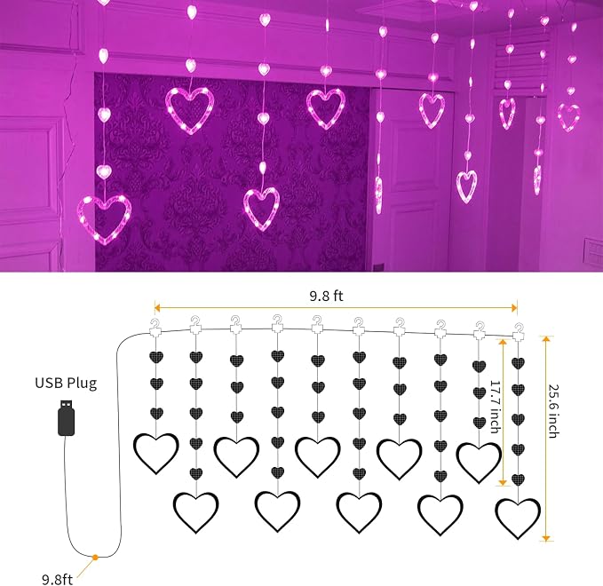 YOLIGHT Heart Curtain Lights, 9.8ft Valentine's Day Decoration, USB sLED Hearts String Lights, Light up Heart Hanging Lights for Valentines Mother's Day Room Decor (Pink)