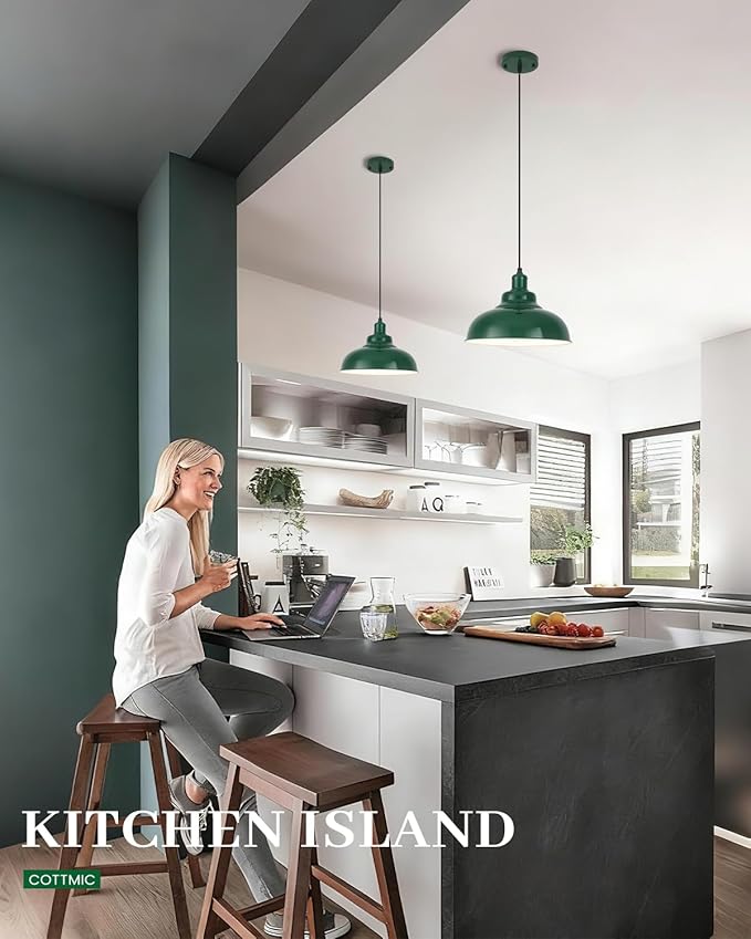 Green Pendant Light, Modern Pendant Light, 11.4in Farmhouse Pendant Lights Kitchen Island 2 Pack, Adjustable Height, Industrial Pendnat Lighting for Dining Room, Living Room, Hallway
