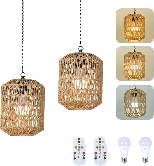 HMVPL Battery Operated Chandelier, Rattan Battery Operated Pendant Light with Remote, Boho Outdoor Chandelier for Gazebo, Wicker Gazebo Light, Outdoor Hanging Lamp for Patio Pergola Indoor(2 Pack)