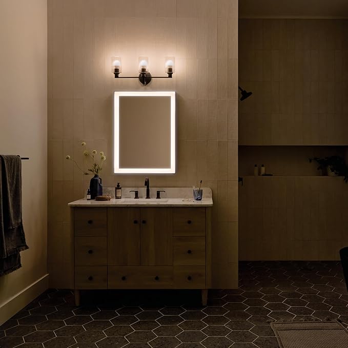 Kichler Gioe 24.25" 3-Light Bathroom Vanity Light Fixture with Clear Fluted Glass in Black, Modern Wall Mount Over Mirror for Powder Room, Damp Rated (24.25" W x 10.5" H), 55226BKFLU