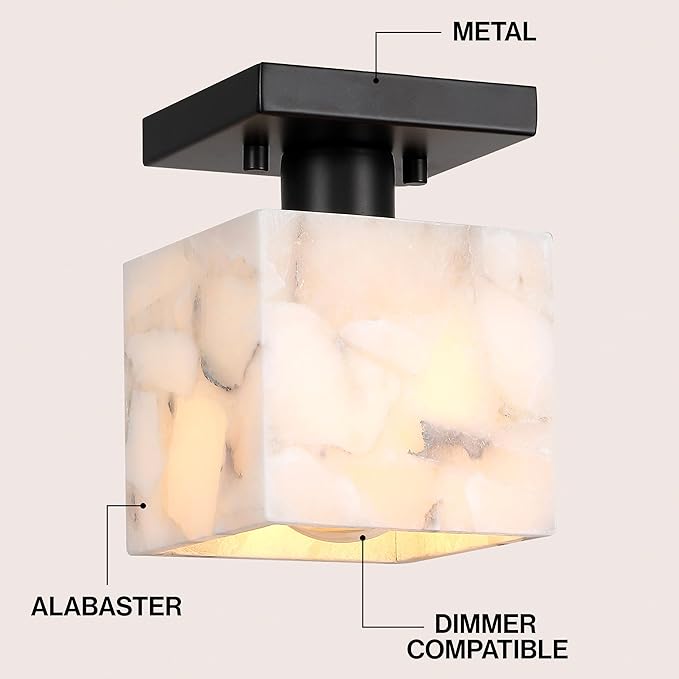 JONATHAN Y 5" White Marbling/Black Modern 1-Light Semi Flush Mount Ceiling Light for Bedroom, Cube White Alabaster Marble Shade, Mid-Century Minimalist Fixture, LED Bulb Included (JYL1202B)