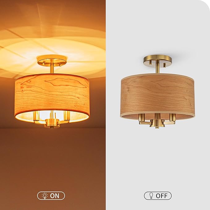 3-Light Solid Wood Drum Ceiling Light, Coastal Style Pendant Light Fixture for Dining Room, Living Room, D11.8 * H11.1 inch, Solid Wood Lampshade & Gold Finish