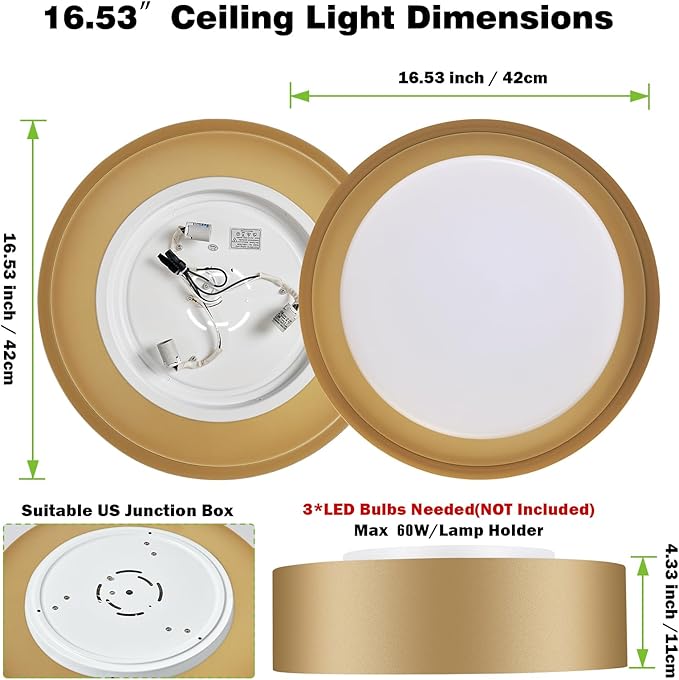Modern Glass Gold Flush Mount Ceiling Lights, 16.5" Minimalist Round Ceiling Lighting, Drum Close to Ceiling Light Fixtures for Living Room, Bedroom, Dining Room, Kitchen, Hallways