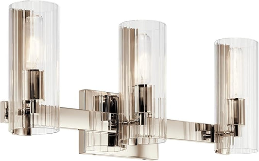 Kichler Jemsa 3-Light Bathroom Vanity Light Fixture, Modern Wall Mount Light with Clear Fluted Glass in Polished Nickel for Powder Room or Bathroom (9.75" x 22.75"), 55168PN