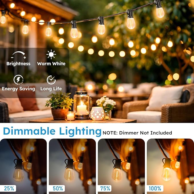 GvvooHome LED Outdoor String Lights, 50FT Waterproof Patio Lights with 16 Shatterproof S11 Plastic Bulbs, 2700K Warm White Edison Hanging Lights for Backyard, Garden, Porch, Bistro