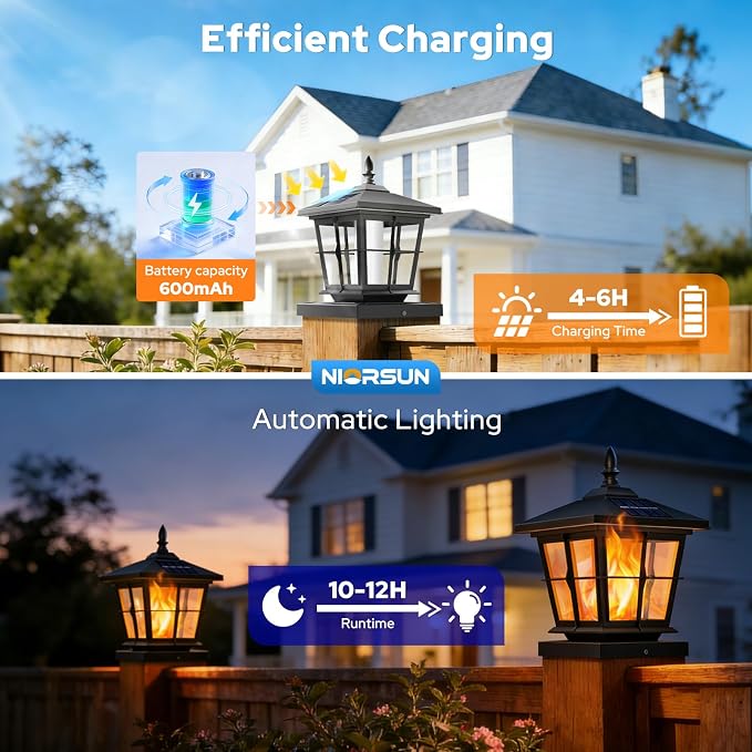 NIORSUN Solar Post Lights Outdoor, Fence Post Solar Lights with Flickering Flame Light, Waterproof, Garden Patio Fence Deck Decor, 4x4 Posts Caps, 4x4, 5x5 Wooden & Vinyl (6 Pack, Black)