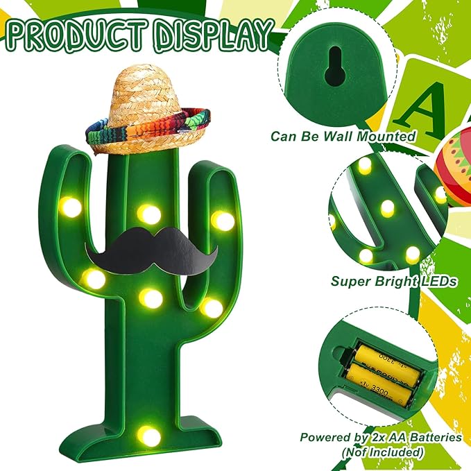 Fiesta Mexican Party Decoration LED Cactus Light with Mini Sombrero Straw Hats and Fake Beard Cinco De Mayo May 5th Table Decor Mexican Party Supplies for Fiesta Taco Table Room Bedroom Decor(24 Pcs)
