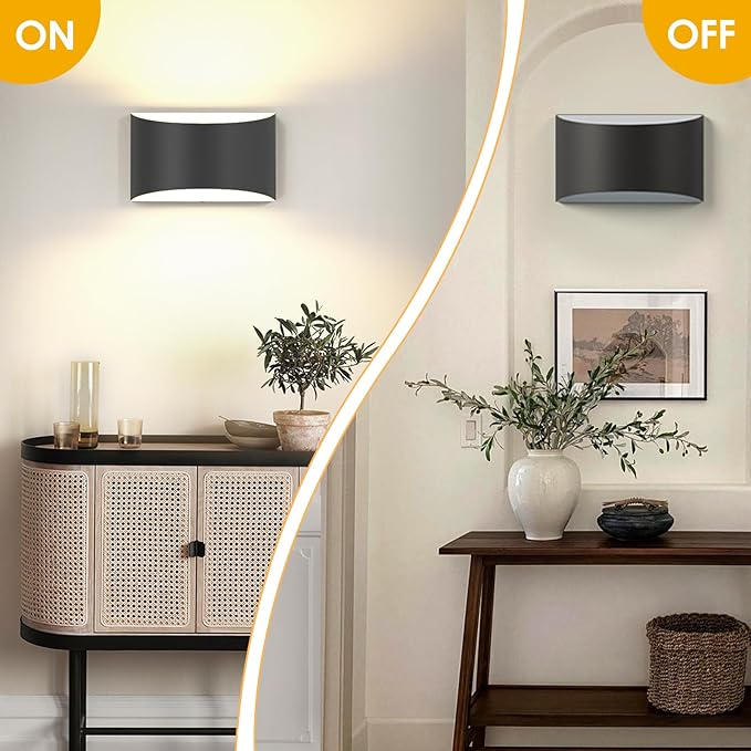 FOLKSMATE Modern LED Wall Sconces Set of 2, 3000K Warm White Up and Down Mount Light, Matte Black Large Interior Wall Lights Hardwired Lamp for Indoor Living Room Bedroom Hallway Basement Stairway