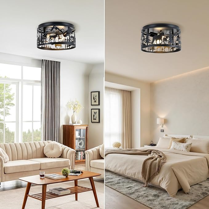 Farmhouse Rustic Ceiling Light Fixtures -Horse & Deer Design, 2-Light E26 Round Metal Fixture for Kitchen, Bedroom, Foyer, Entryway, Lodge (Bulbs Not Included)