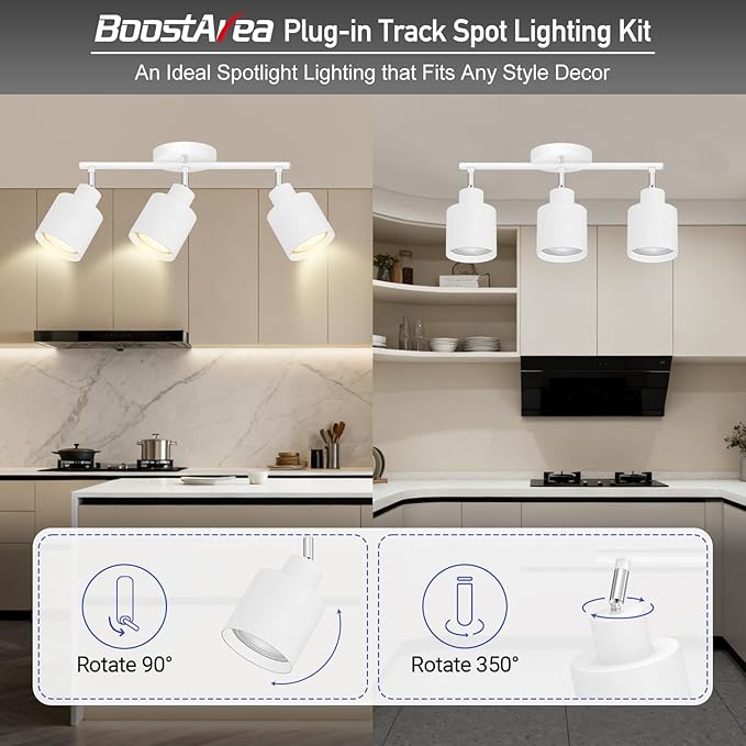 3-Light Led Track Lighting,White Ceiling Lighting Fixtures,Wall Sconces Ceiling Spotlight with Foldable Light Arms for Kitchen, Closet, Bedroom,GU10 Socket, Bulbs Not Included