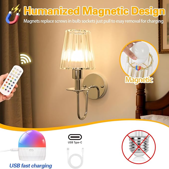Battery Operated Wall Sconces Set of 2 – 5200mAh Rechargeable Crystal Glass, 15 Colors & 10-Level Dimmable, Wireless Wall Lights for Living Room & Bedroom,Sliver