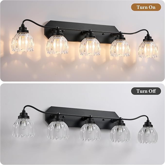 Vintage Bathroom Light Fixtures, 5 Light Bathroom Vanity Light, Black Matte Antique Brass Finish with Crystal Glass Shade, Mid Century Wall Sconces for Bedroom, Living Room, Hallway