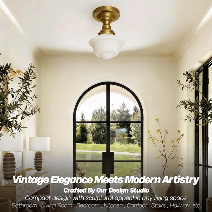 Modern Schoolhouse Semi Flush Mount Ceiling Light,Brass Gold Close to Ceiling Light Fixtures with Milky White Glass Hallway Ceiling Lamp for Laundry Kitchen Entryway Bathroom E26