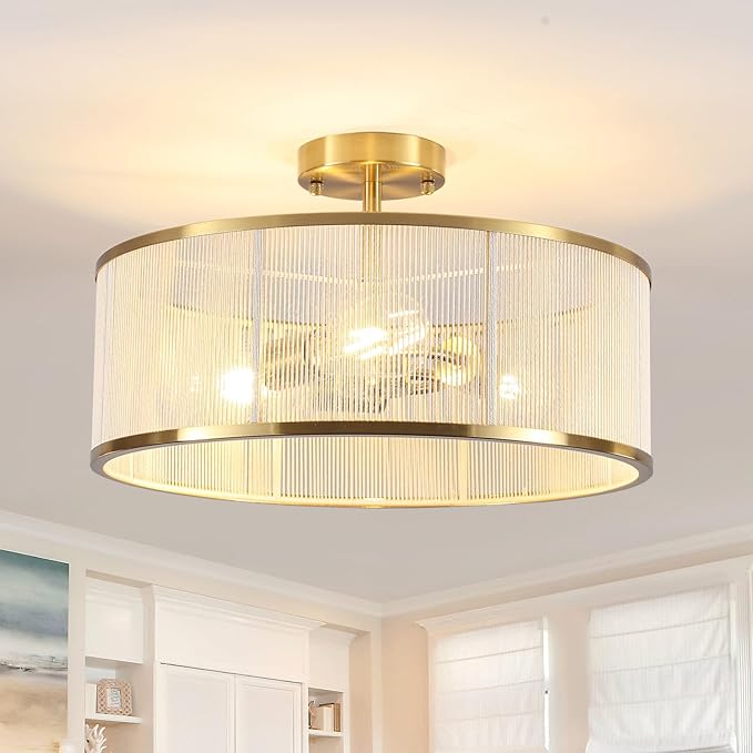 17.3" Boho Gold Semi Flush Mount Ceiling Light Modern Fixtures Ceiling Mount with Hand-Woven Rope Shade 3-Light Drum Lighting Fixtures Close to Ceiling Light for Bedroom Living Room Hallway Kitchen