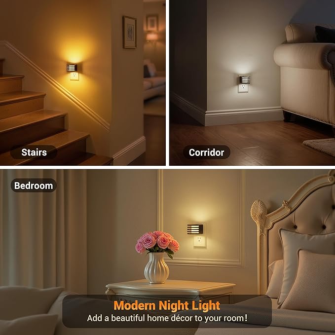 JandCase LED Night Light, Night Lights Plug into Wall with Dusk to Dawn Sensor, 3 Colors Amber/3000K/5000K & 5 Brightness Levels, Adjustable Brightness Nightlight for Bedroom Bathroom Hallway, 2 Pack
