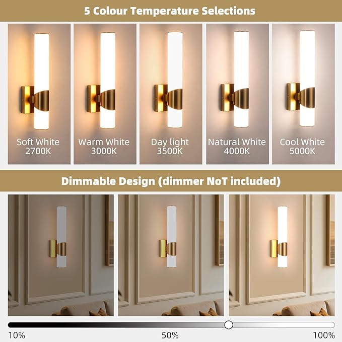 Gold Wall Sconces Set of Two 15 inch 5CCT Dimmable Bathroom Sconce with Acrylic Shade LED Hardwired Wall Light Fixtures for Bathroom Living Room Bedroom Hallway, 2 Pack
