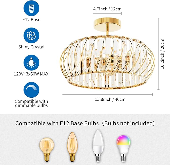 ANWIO 15.8inch Crystal Semi Flush Mount Ceiling Light Fixtures, 3-Light Gold Chandelier Bedroom Ceiling Light Fixtures, Living Room Light Fixture for Kitchen Hallway Bathroom Dining Room, E12