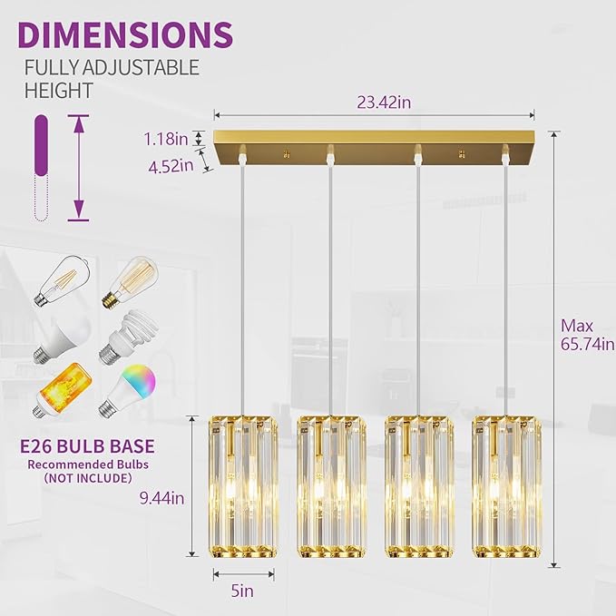 Modern Pendant Light Gold Rectangle Pendant Lighting Mini Crystal Chandeliers Adjustable Pendant Light Fixture for Kitchen Island Dinning Room Living Room Corridor Bedroom(Gold 4-Light)