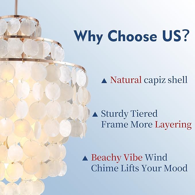 Capiz Shell Chandelier,18" Gold Coastal Chandelier Light Fixture with 4 Lights Capiz Seashell Pendant for Living Room Foyer Kitchen Island Entryway Dining Room Bedroom,LED Bulb Included