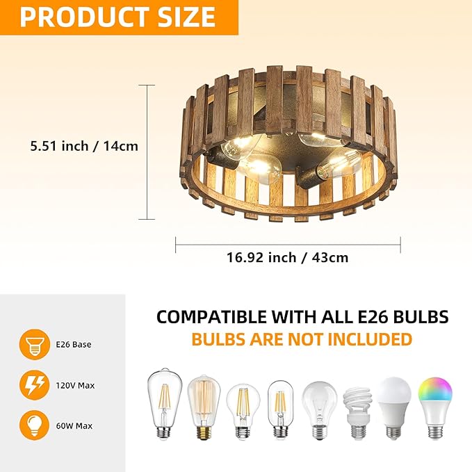 Farmhouse Flush Mount Ceiling Light, 17 Inch 4-Light Wood Close to Ceiling Light Fixture, Retro Hallway Light Fixtures Ceiling, Rustic Drum Ceiling Light for Kitchen Entry Living Room