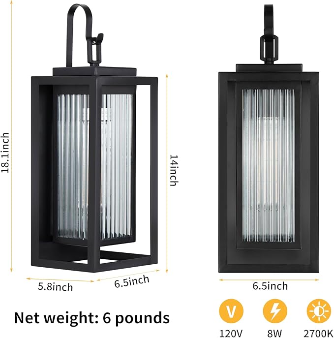 2 Pack Outdoor Wall Lights for House Exterior, 18 Inch Large Black Modern Lantern with Dual Metal Frame & Textured Glass, IP65 Waterproof (Bulbs Included)