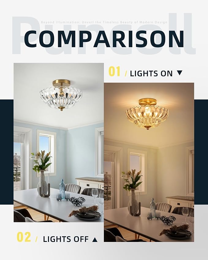 11.8 inch Semi Flush Mount Ceiling Light, 3-Light Close to Ceiling Light Fixtures with Flower Glass, Vintage Ceiling Lights for Hallway Living Room Kitchen Bedroom Bathroom, Clear