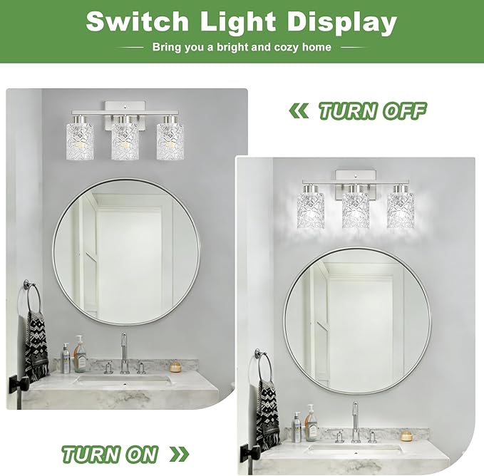 Brushed Nickel Bathroom Light Fixtures, 3-Light Modern Bathroom Vanity Wall Light, Vanity Lights for Mirror, Wall Sconces with Clear Textured Glass (E26 Socket, Bulbs Not Included)