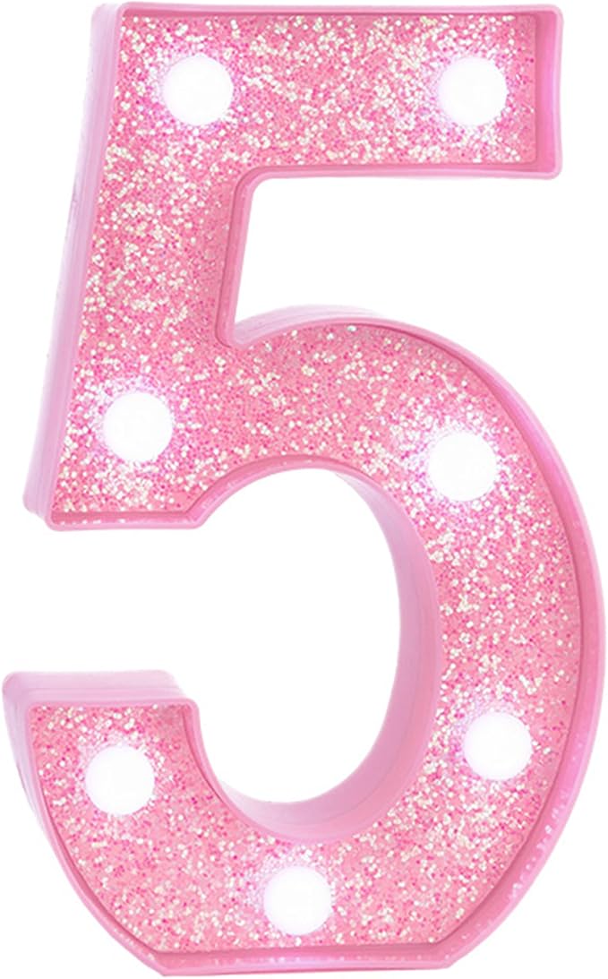 Pink Light Up Marquee Numbers, Glitter LED Number Lights Signs Battery Operated for Girls 5th 15th 25th Pink Birthday Party Table Decorations, 8 Inch Tall Number 5 with Cool White Lights