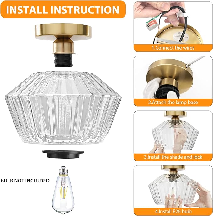 FRIDEKO HOME Semi Flush Mount Ceiling Light - Glass Hallway Lighting Fixtures Ceiling Black Ceiling Light Fixture for Hallway Bedroom Kitchen Bathroom Entryway (Bronze Gold)
